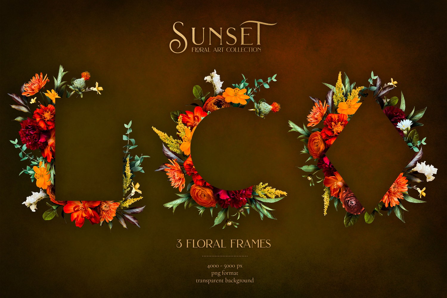 Autumn floral sunset graphics Roses, ranunculus, marigolds, cosmos, dahlia, snapdragons, and begonias in orange, gold, burgundy, and white