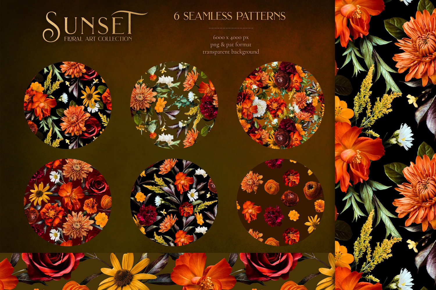Autumn floral sunset graphics Roses, ranunculus, marigolds, cosmos, dahlia, snapdragons, and begonias in orange, gold, burgundy, and white