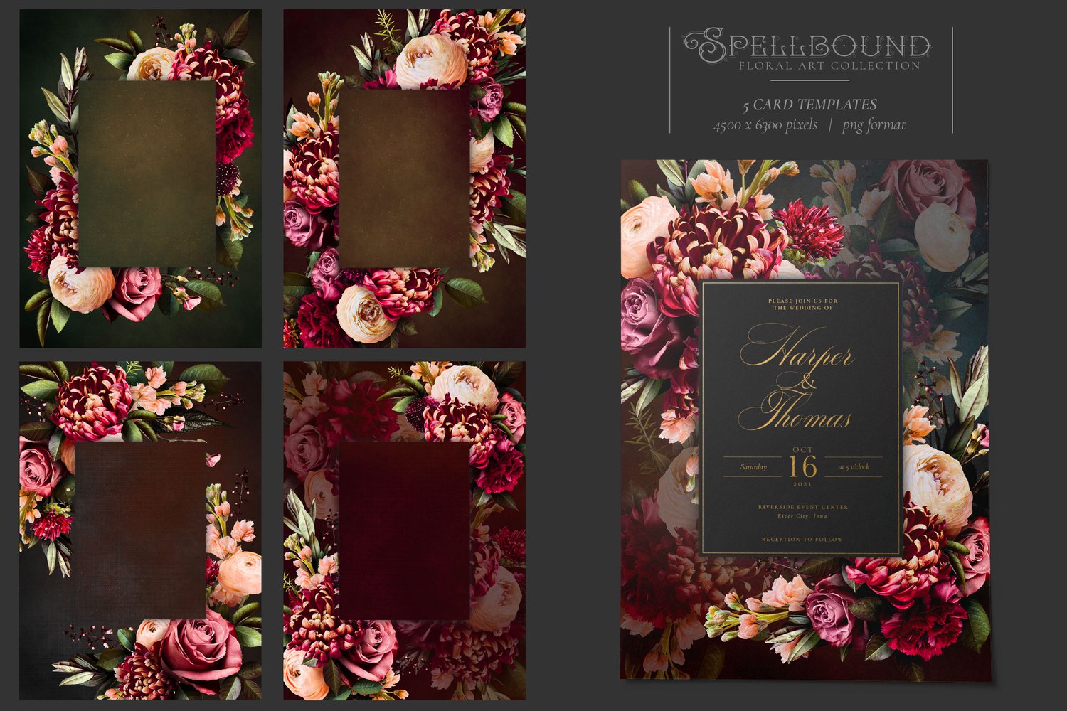 dark, moody floral graphics in red, burgundy, pink, and peach