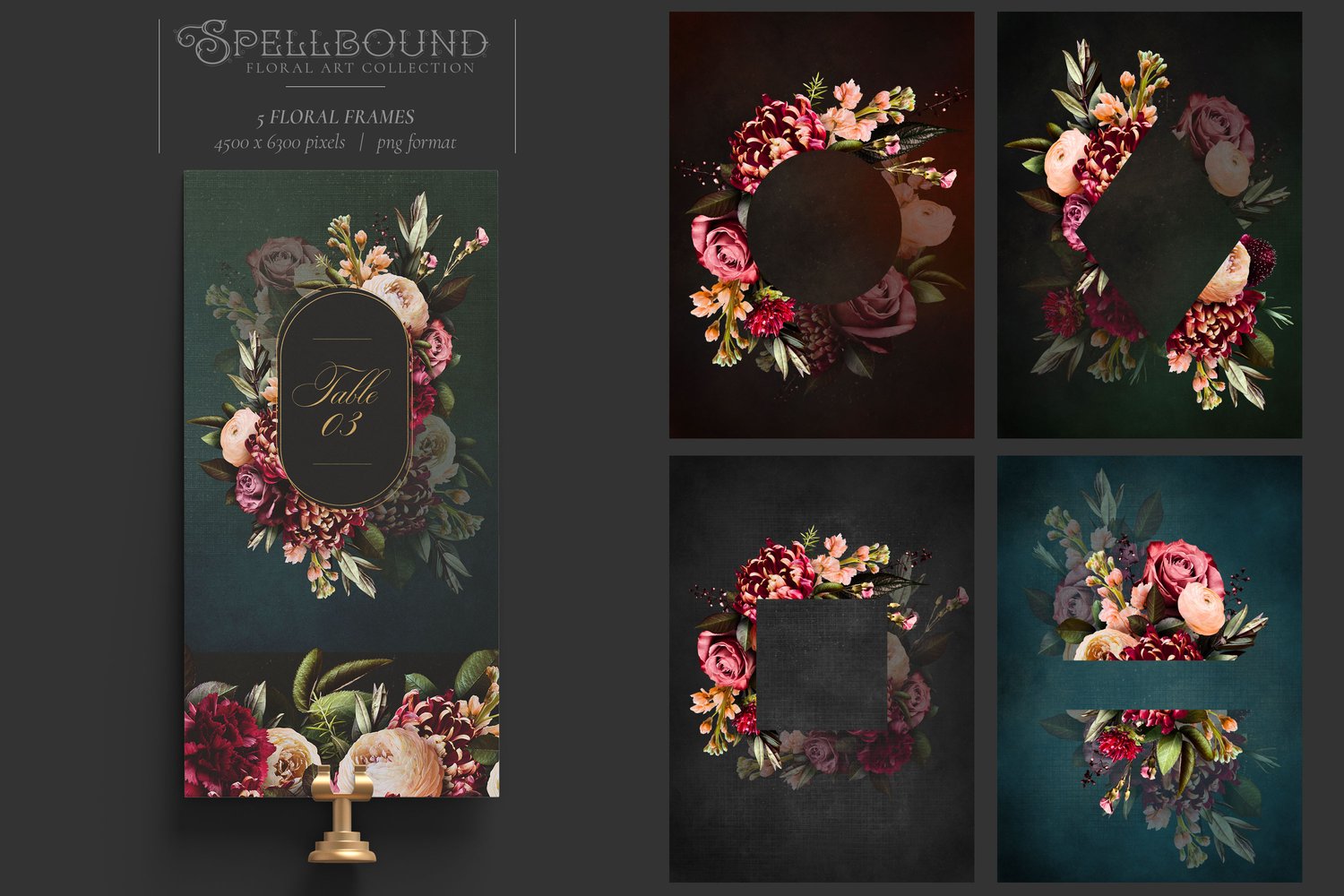 dark, moody floral graphics in red, burgundy, pink, and peach
