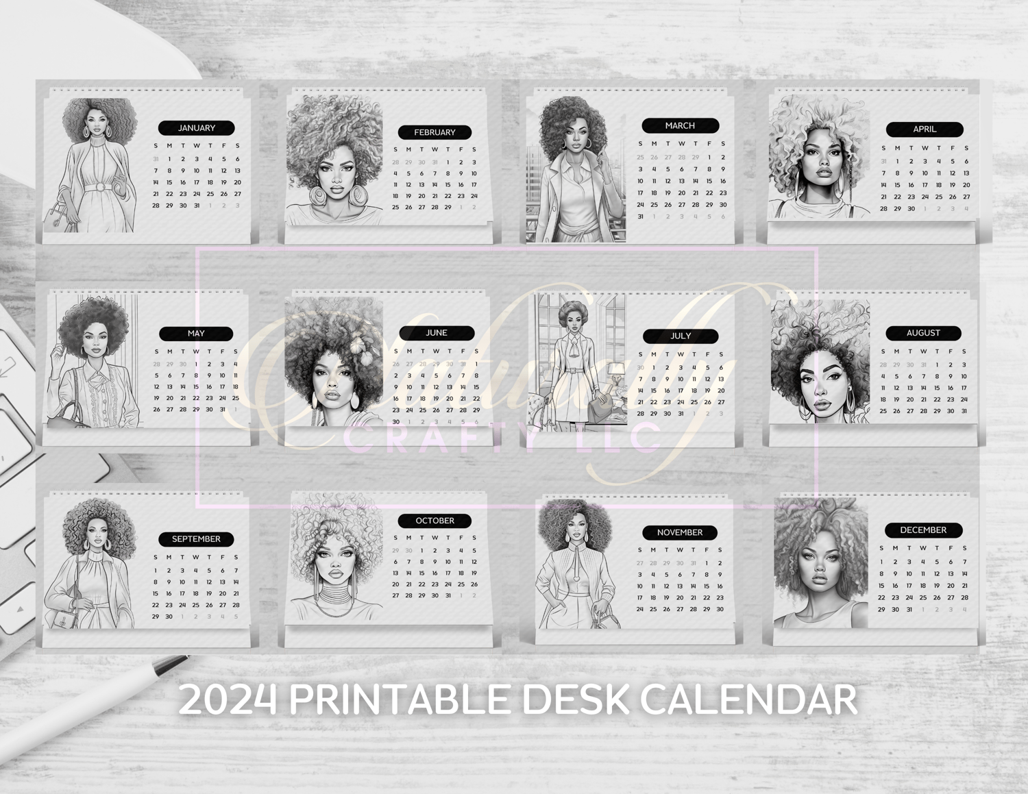 2024 calendar, desk calendar, black and white calendar, African American calendar, Black History Month, black girl magic, black women, fashion calendar, female empowerment, woman calendar, minority artists, small business, wall calendar, office calendar,