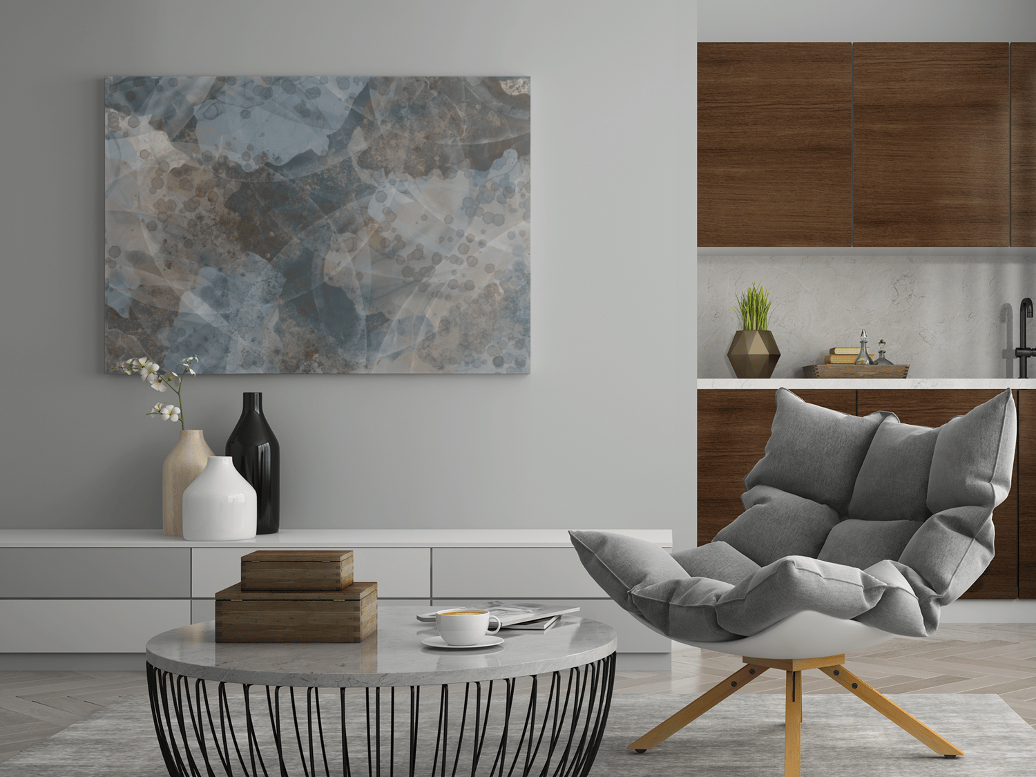 an cozy living room with a plush chair and a cool toned autumn art print on the wall
