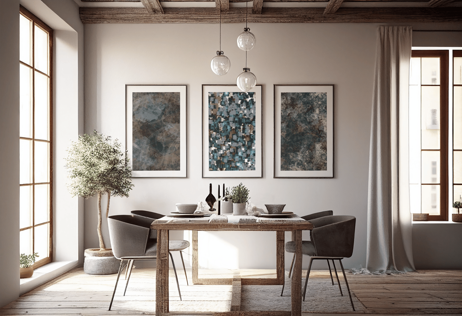 a dining room table with three cool toned autumn digital prints