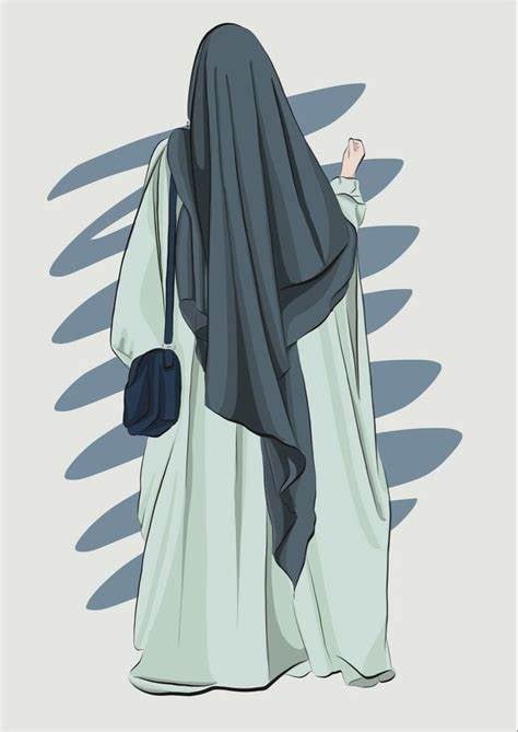 Cartoon illustration of a Muslim girl in a blue khimar and turquoise abaya, depicted from behind