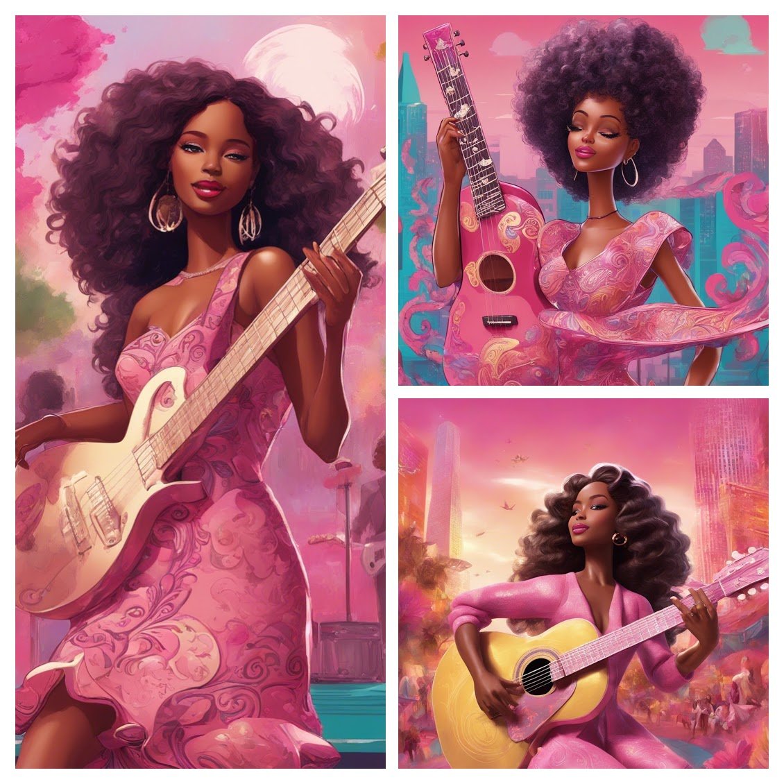 Each version of Barbie-inspired character embodies a distinct persona and style, showcasing the versatility and charm that Barbie is known for. This imaginative scene pays tribute to the fashion and creativity that Barbie has brought to generations, provi