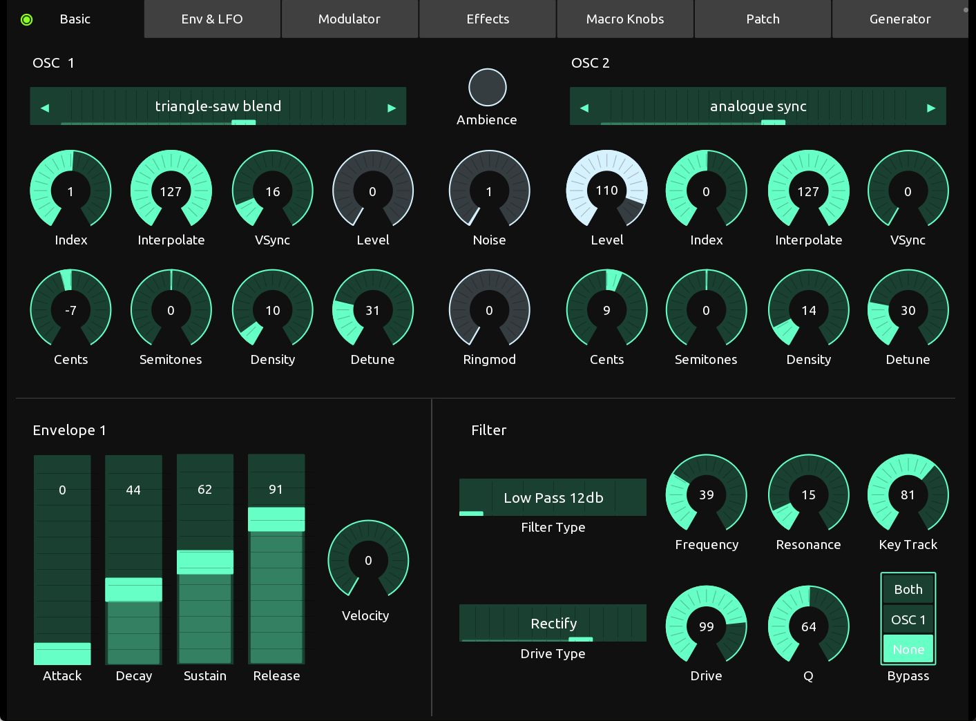 Basic Parameters View of the IPad Editor for Novation Cricuit Tracks and original