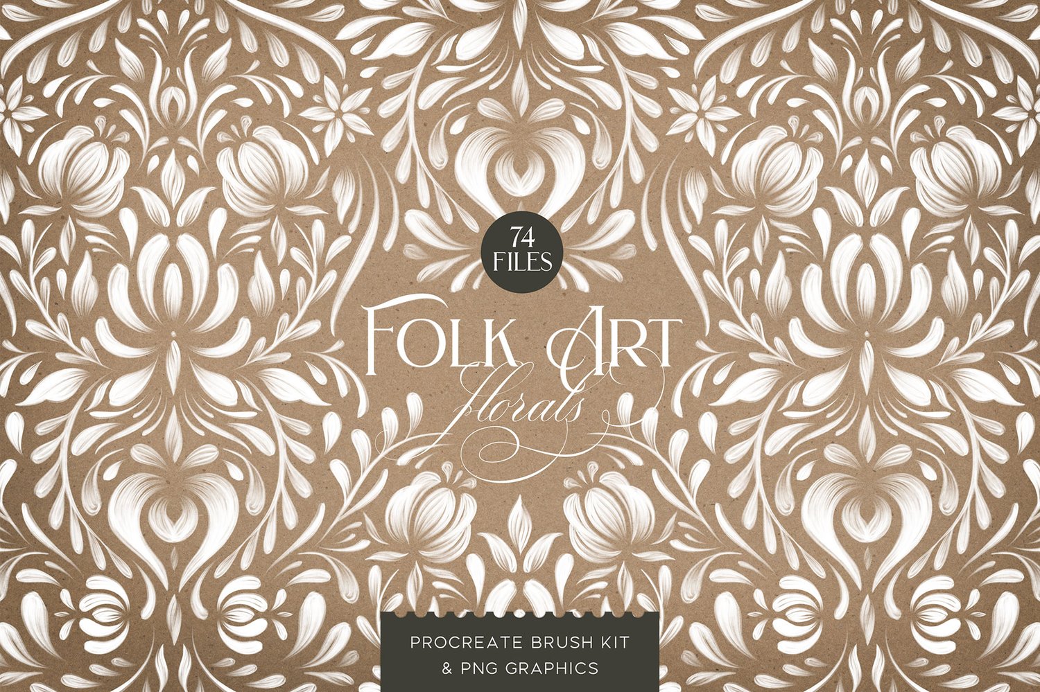 folk art floral procreate brush kit stamp brushes of flowers, leaves, stems, swooshes, and premade motifs as well as 4 seamless pattern brushes