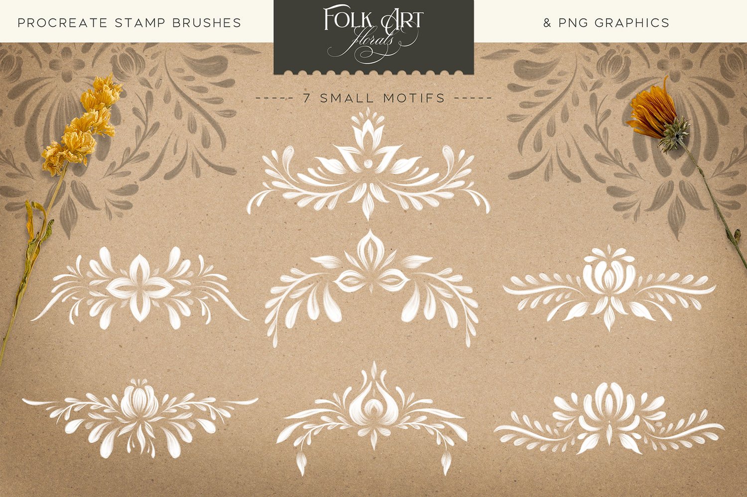 folk art floral procreate brush kit stamp brushes of flowers, leaves, stems, swooshes, and premade motifs as well as 4 seamless pattern brushes