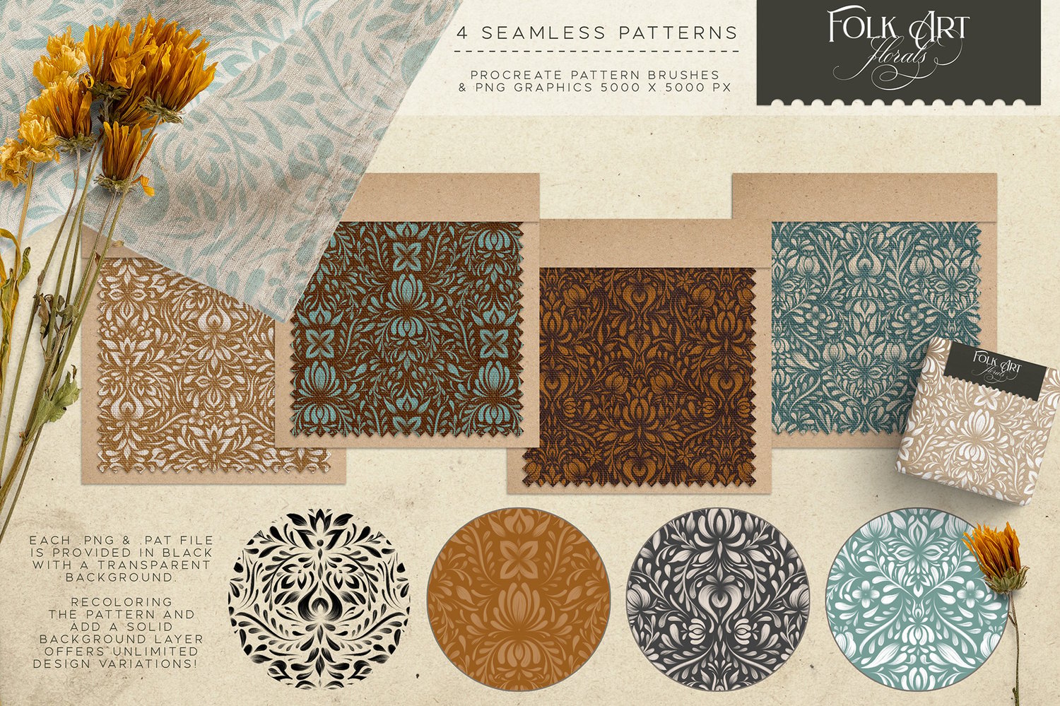 folk art floral procreate brush kit stamp brushes of flowers, leaves, stems, swooshes, and premade motifs as well as 4 seamless pattern brushes