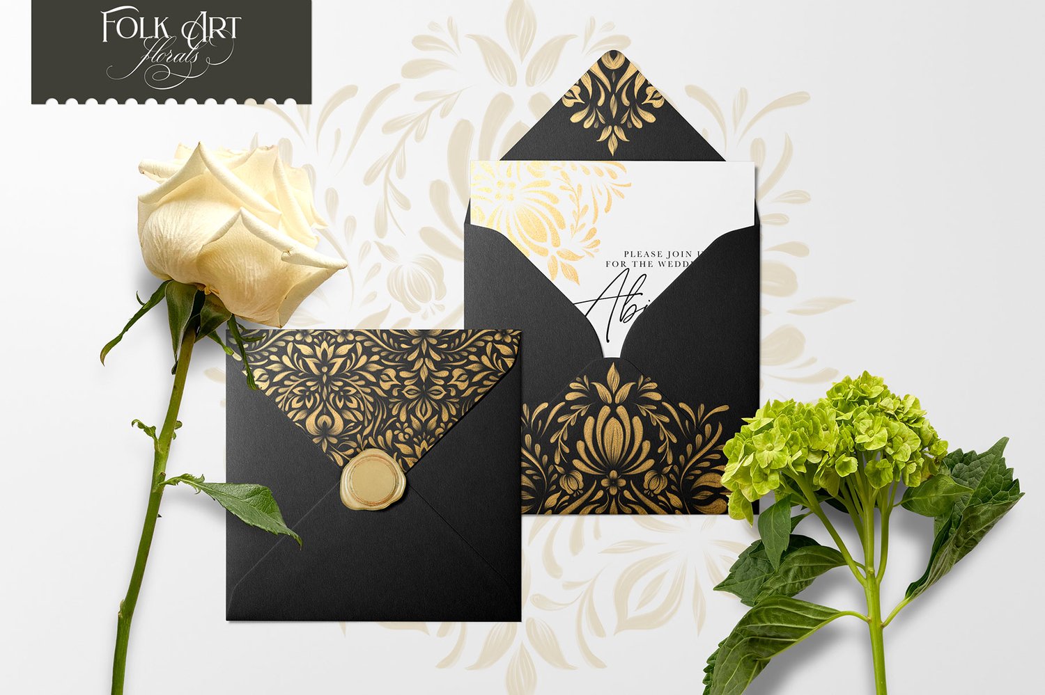 folk art floral procreate brush kit stamp brushes of flowers, leaves, stems, swooshes, and premade motifs as well as 4 seamless pattern brushes
