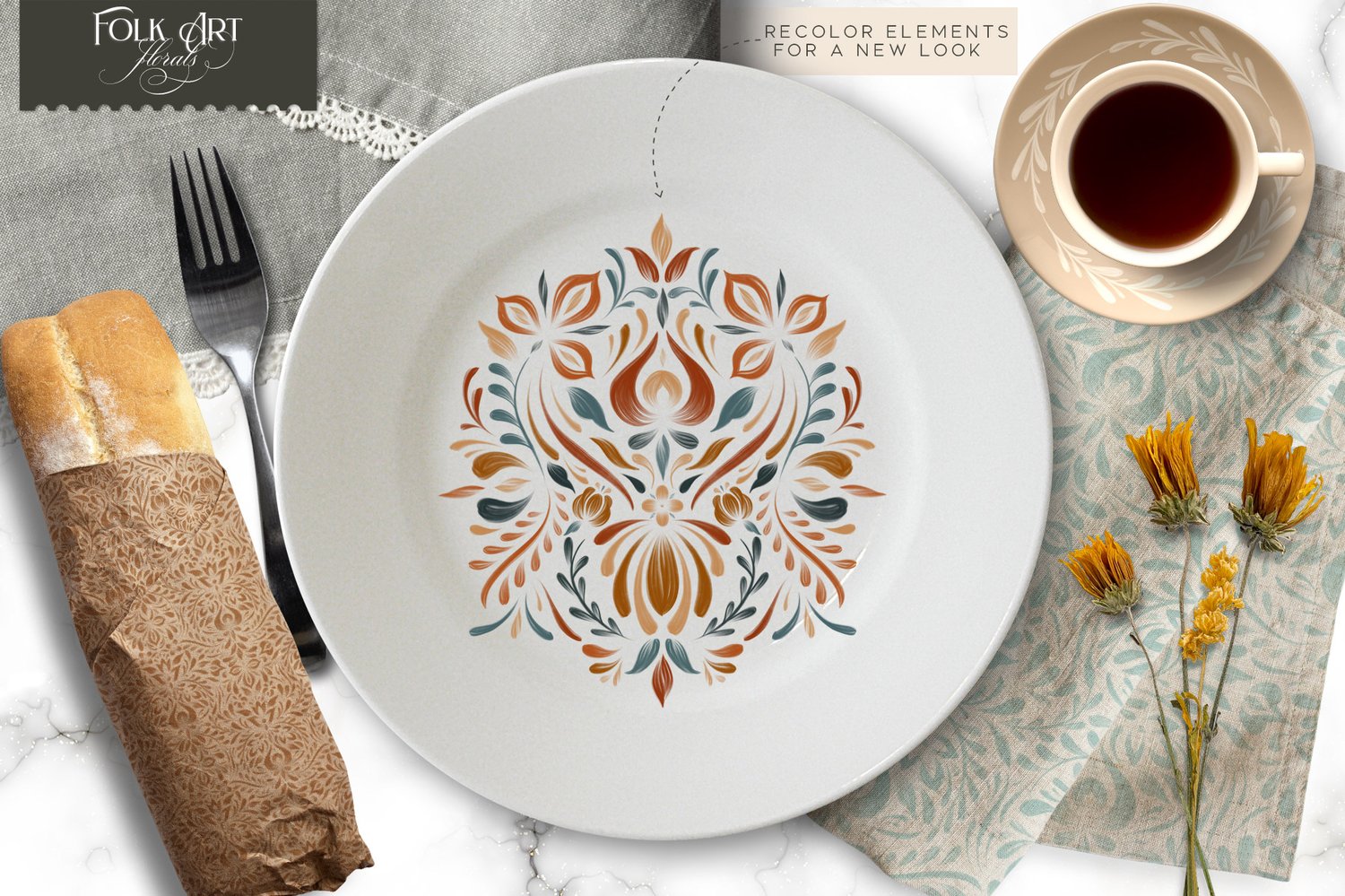 folk art floral procreate brush kit stamp brushes of flowers, leaves, stems, swooshes, and premade motifs as well as 4 seamless pattern brushes