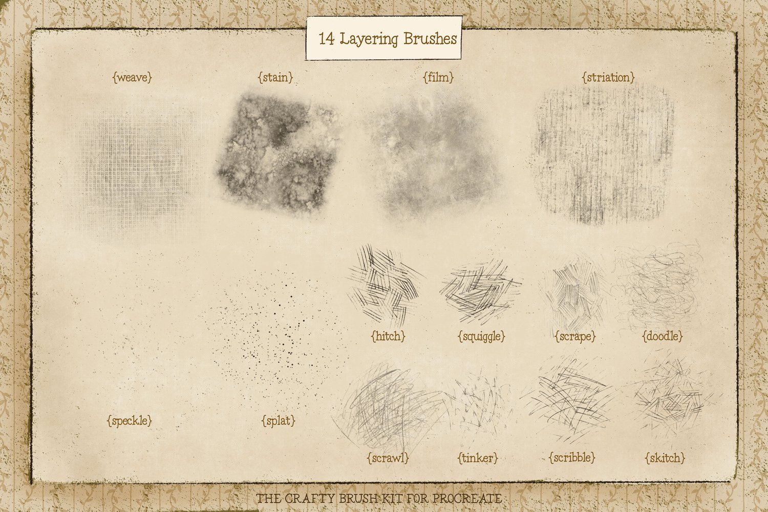 Procreate art brush kit Pens and pencils, patterns, layering, trailing, stamp, shader, and spatter brushes