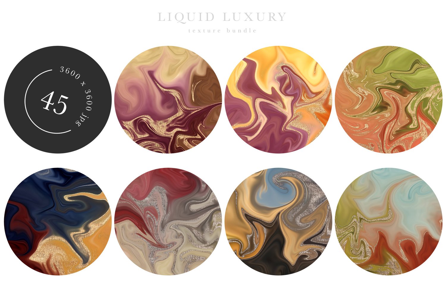 marbled background textures reminiscent of agate or geode stones with glittering gold accents in a wide variety of colors.