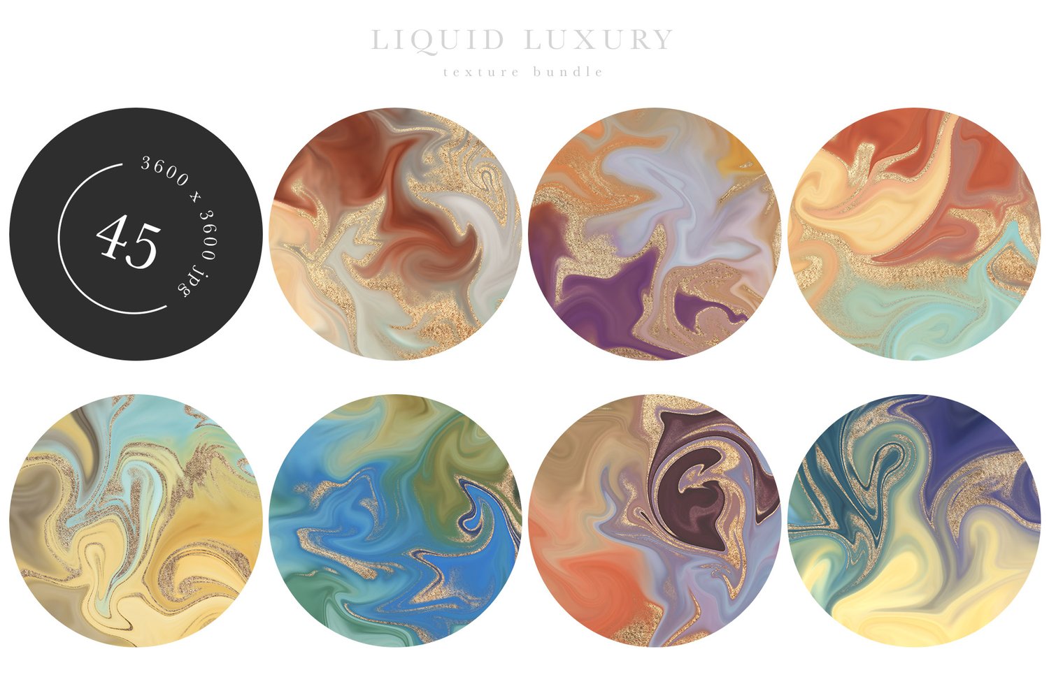 marbled background textures reminiscent of agate or geode stones with glittering gold accents in a wide variety of colors.