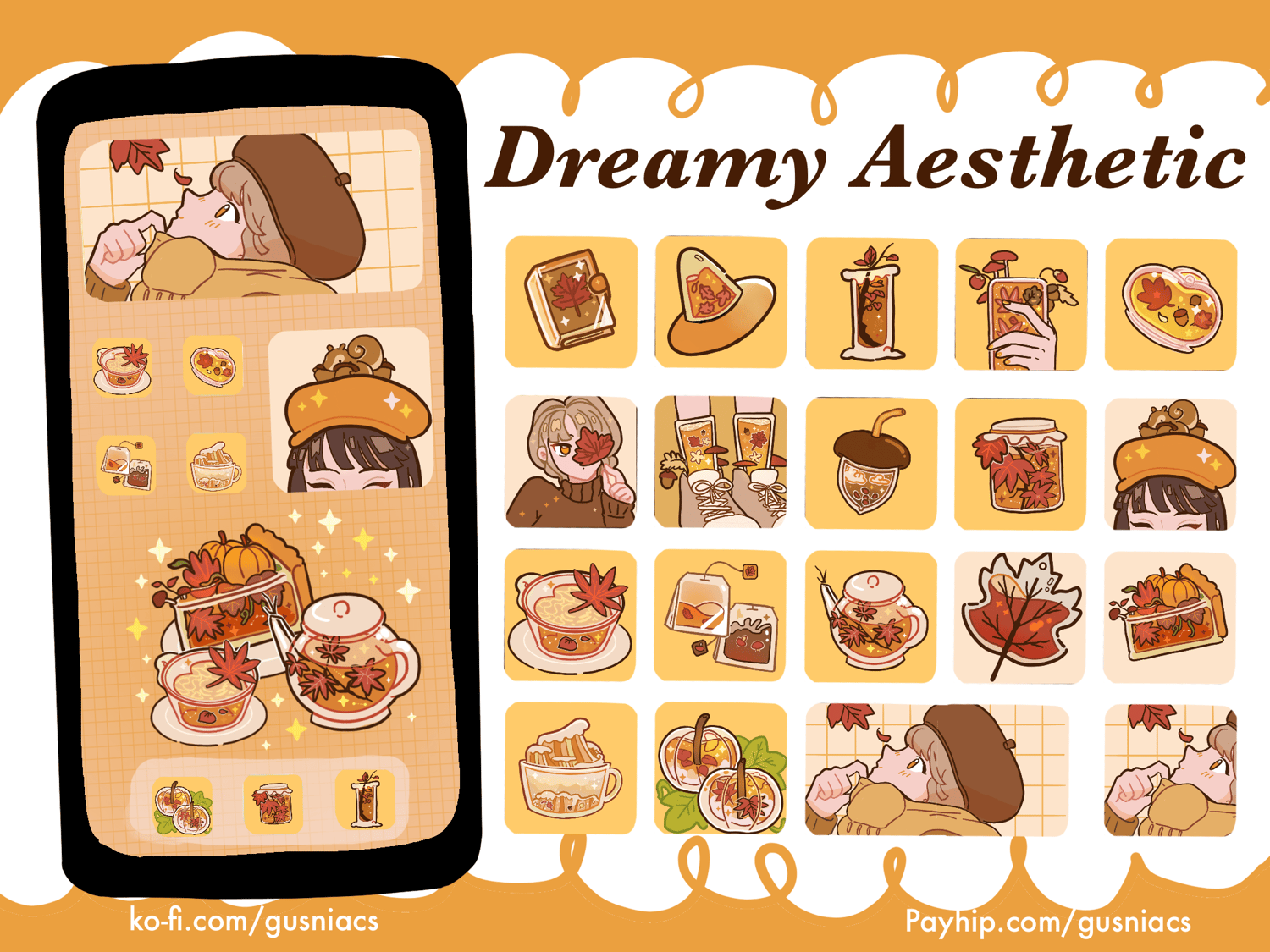 Dreamy Aesthetic Joy Fall Anime Illustration, Autumn Themed Icon Set for  Android IPhone