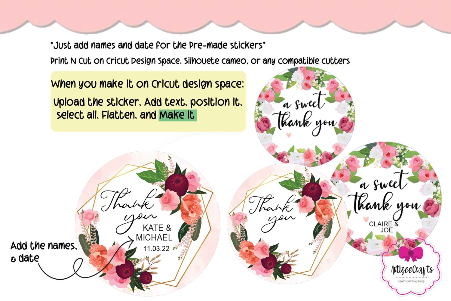 A Sweet Thank You Wedding Round Stickers with names and date