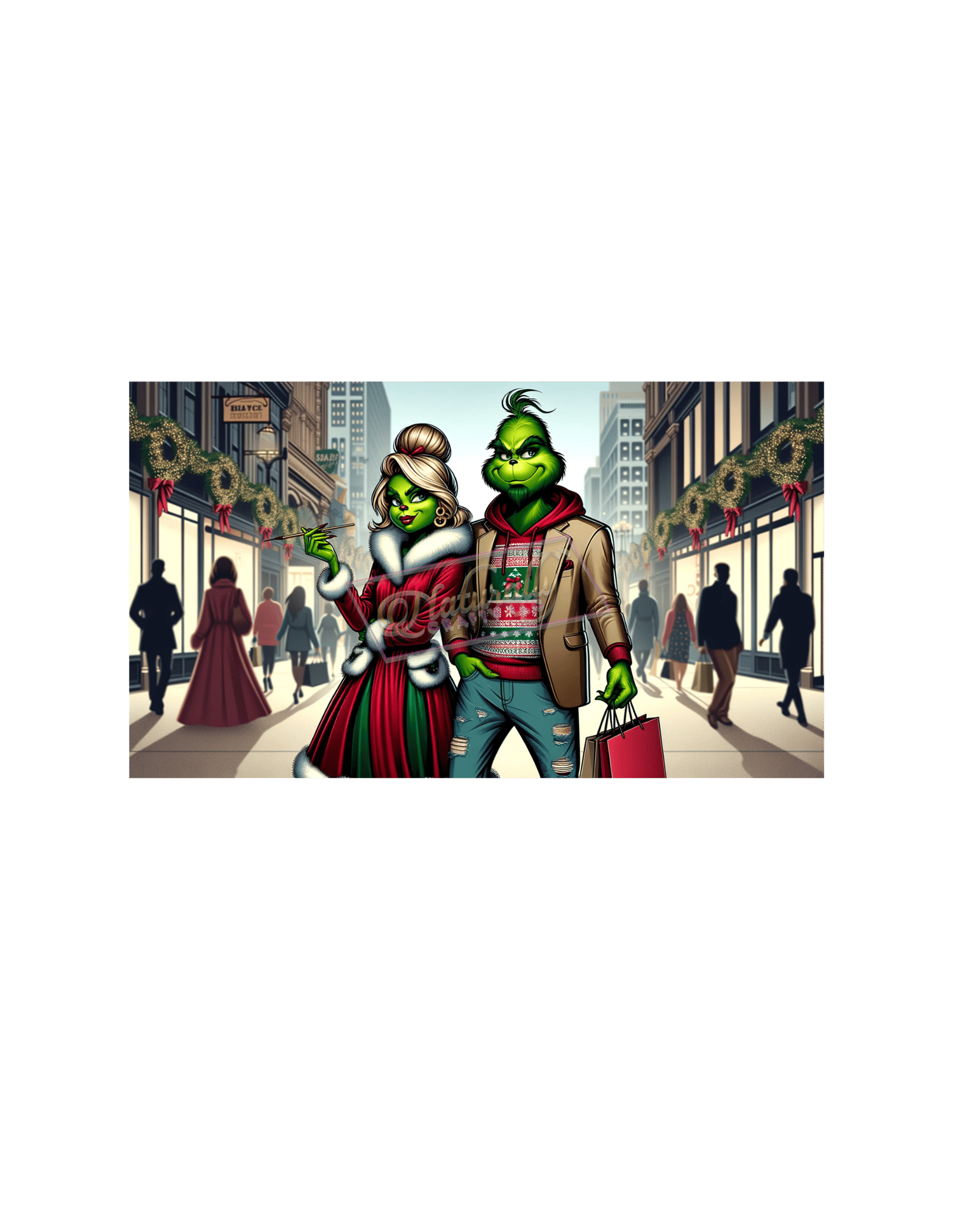 Digital vector cartoon of a stylish green female Grinch in a fitted shirt, denim jacket, and pants, and a handsome green male Grinch in a Christmas hoodie and jeans, carrying shopping bags and walking happily on a bustling city street decorated for Christ