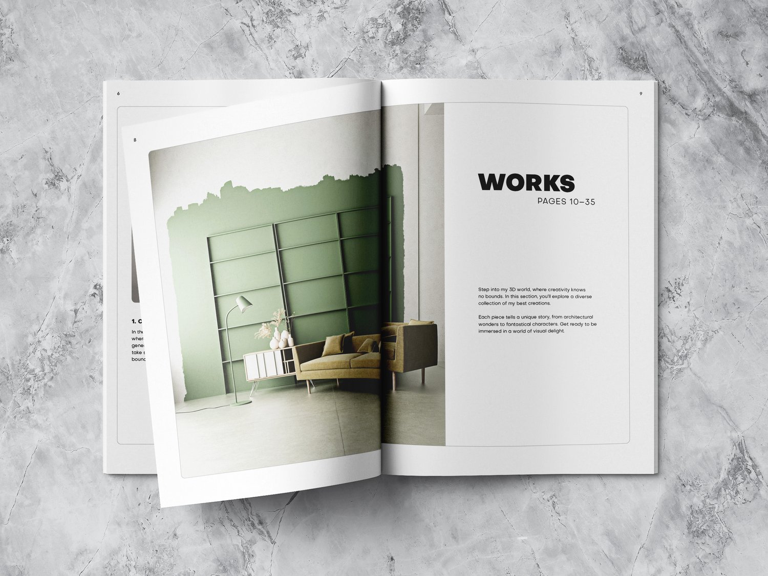 DIN A4 mockup (spread) on marble background. The left page shows a picture of a 3D-rendered living room with a green wall. On the right page stays the headline WORKS with some conceptual copy text.