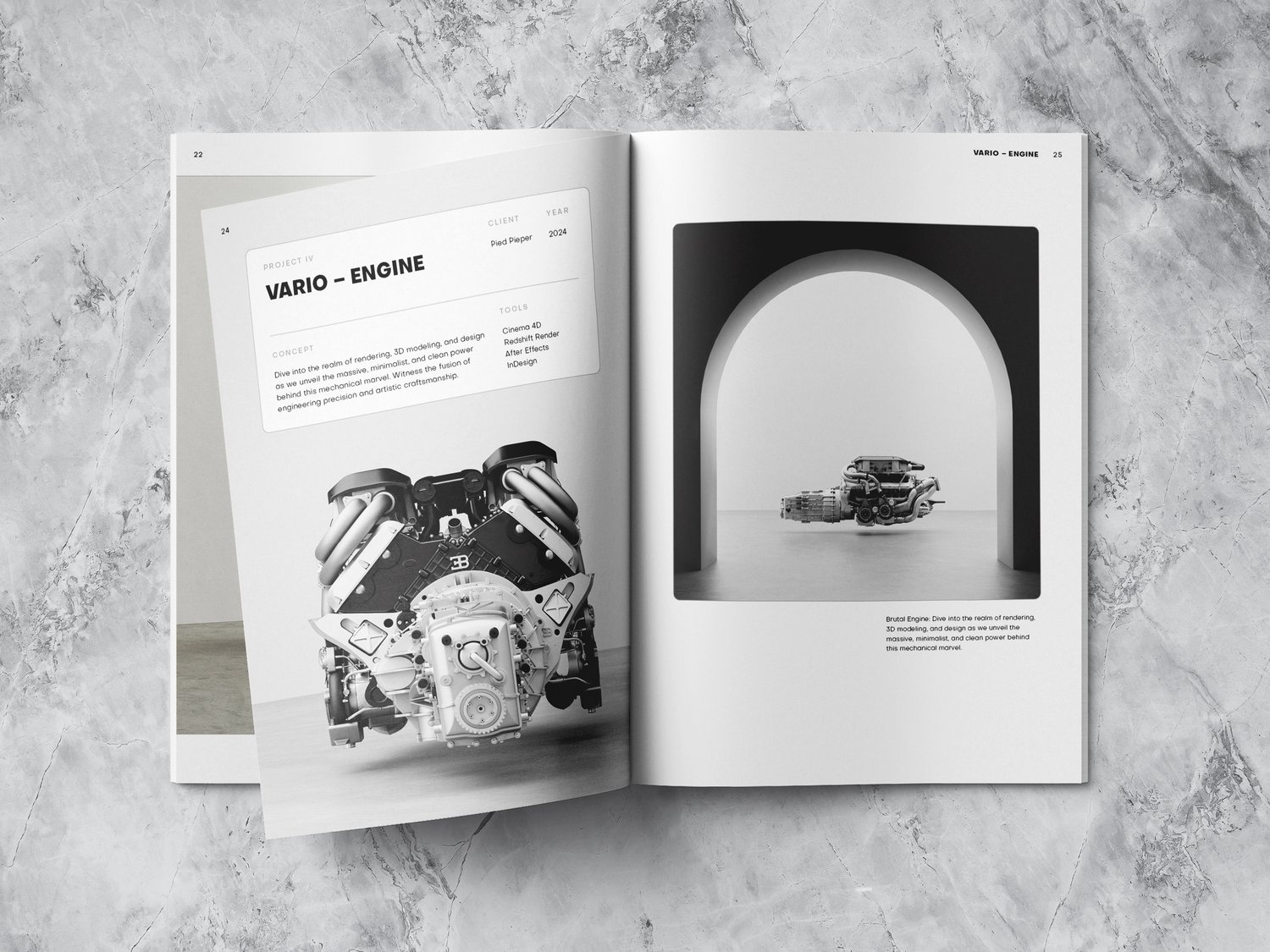 Project name: Vario Enginge, a 3d-rendered enginge in black and white optics.