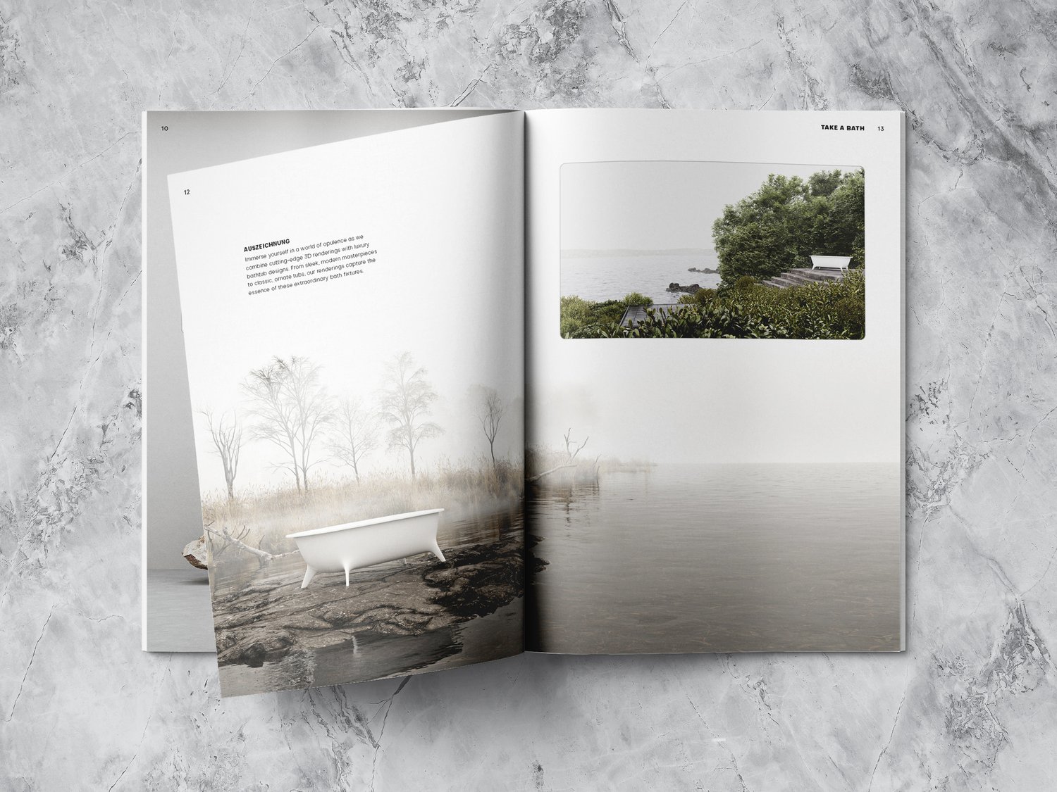 Mockup (spread) of the template. Two more pictures of bathtubes within nature, minimalist style.