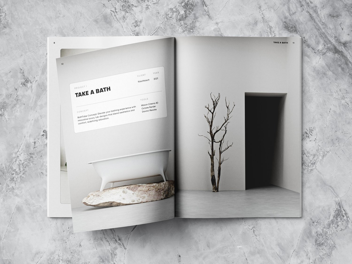 Mockup (spread) of the template. Project name „take a bath“ with a white, rendered bathtube.