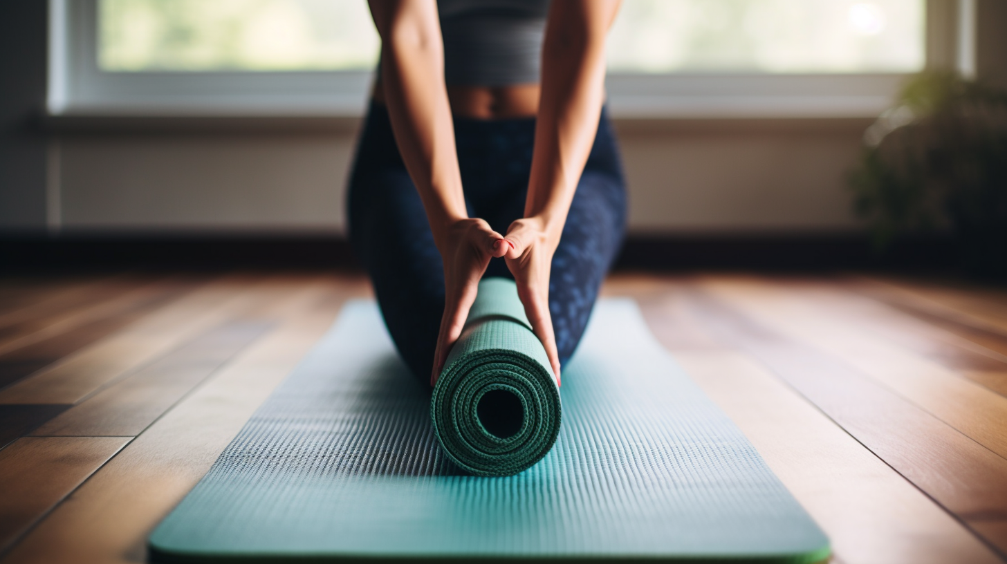 woman in yoga clothes sitting on the floor holding a yoga mat