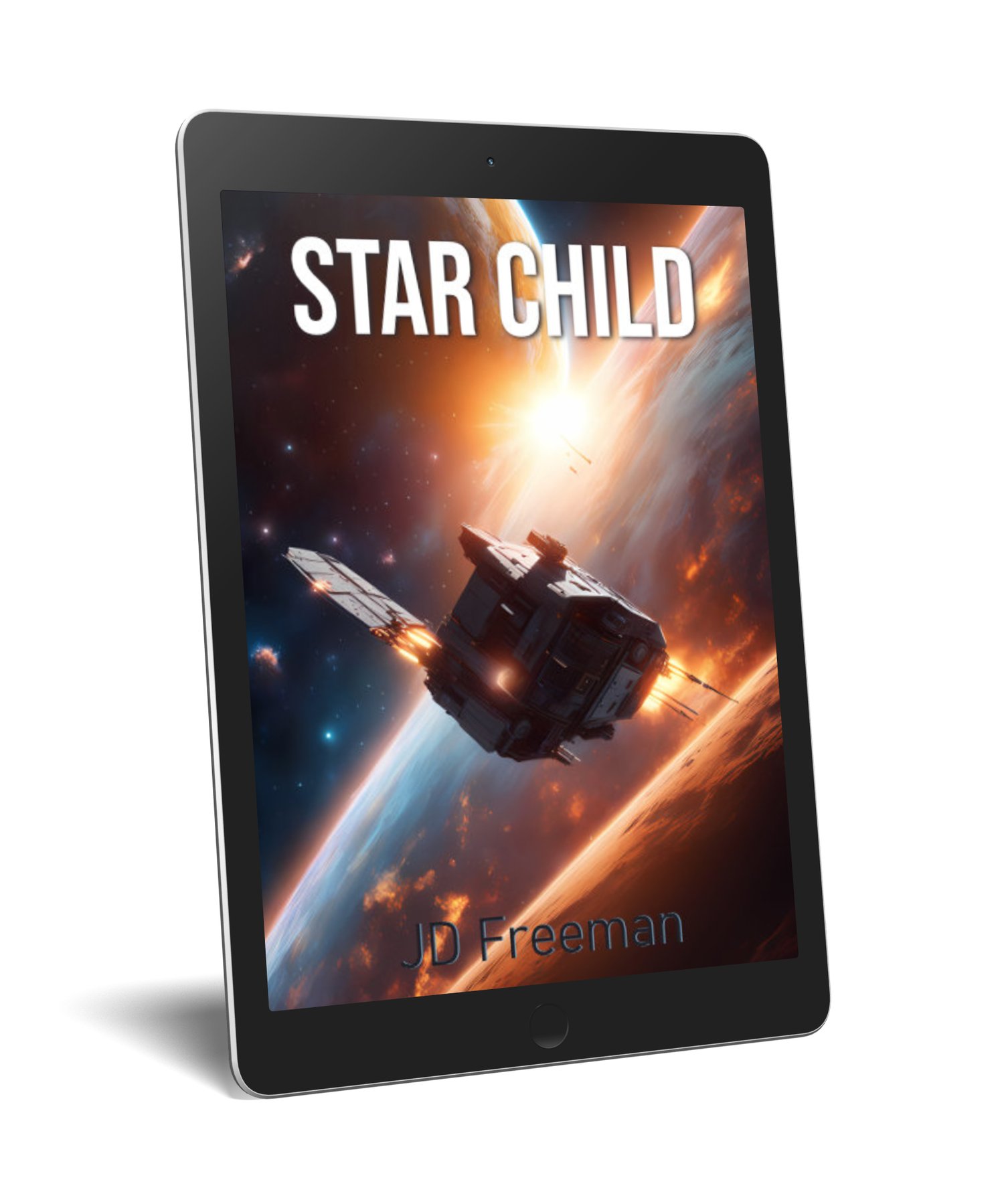 Star Child: Epic Space Quest to Save Mankind Book Cover on a Tablet