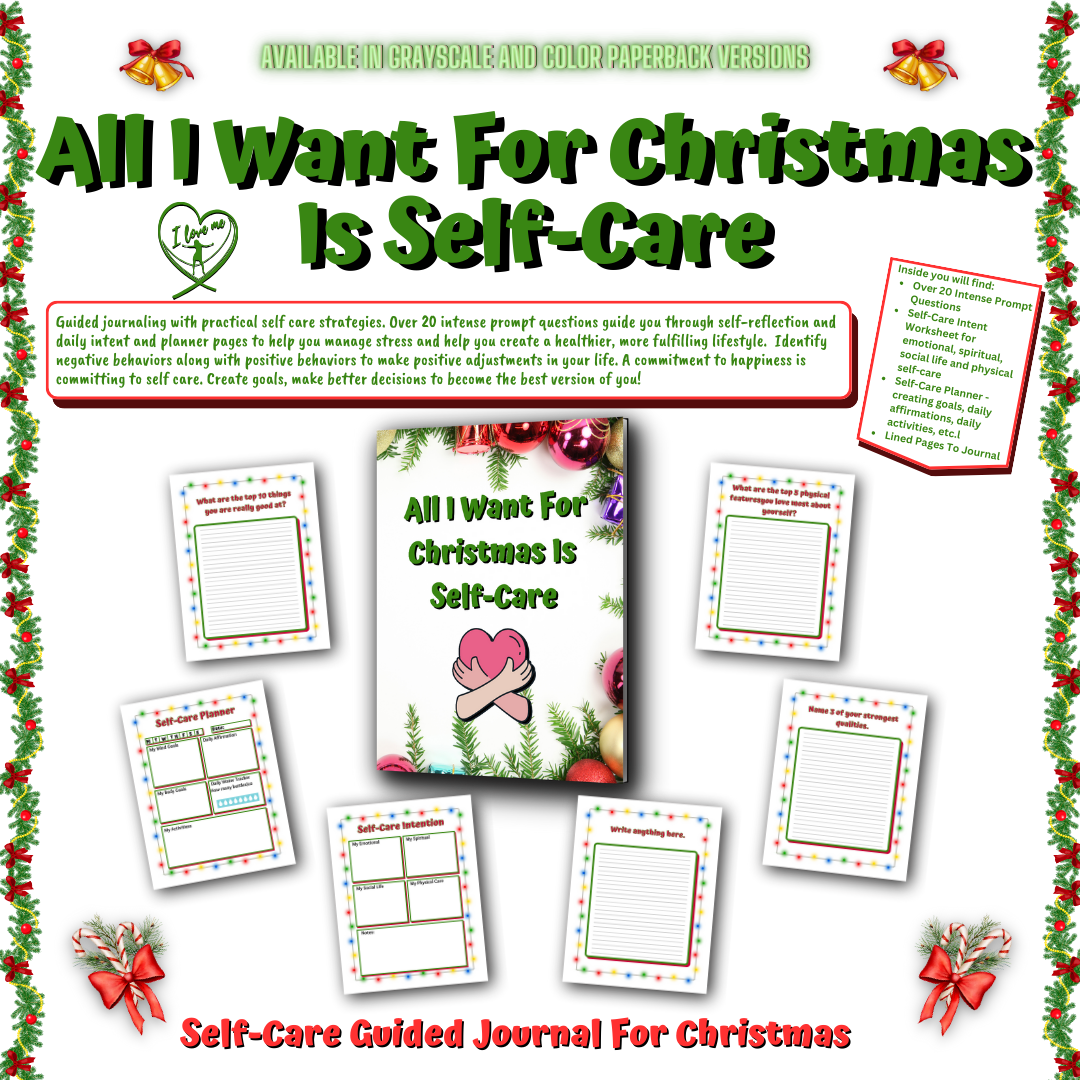 All I Want For Christmas Is Self-Care is a guided journal with practical self care strategies and over 20 intense prompt questions guide you through self-reflection. This is a printable journal.