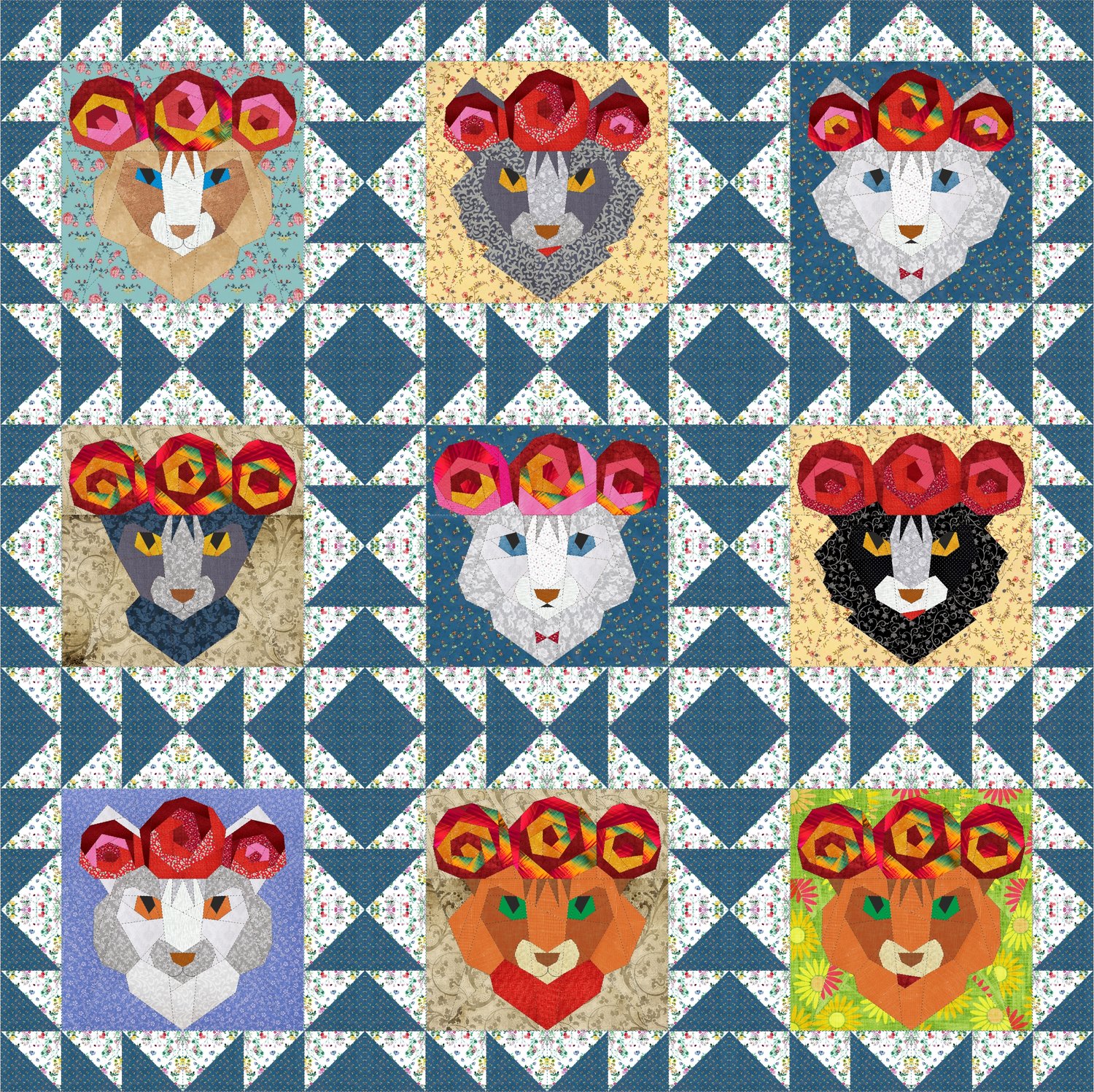 Cat heart Quilt Block PDF Pattern. Paper Piecing