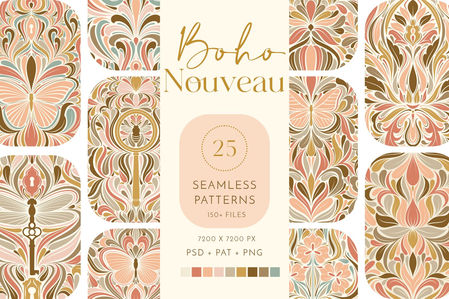 hand drawn digital surface pattern collection featuring butterflies and dragonflies in pink, coral, beige, brown, and aqua