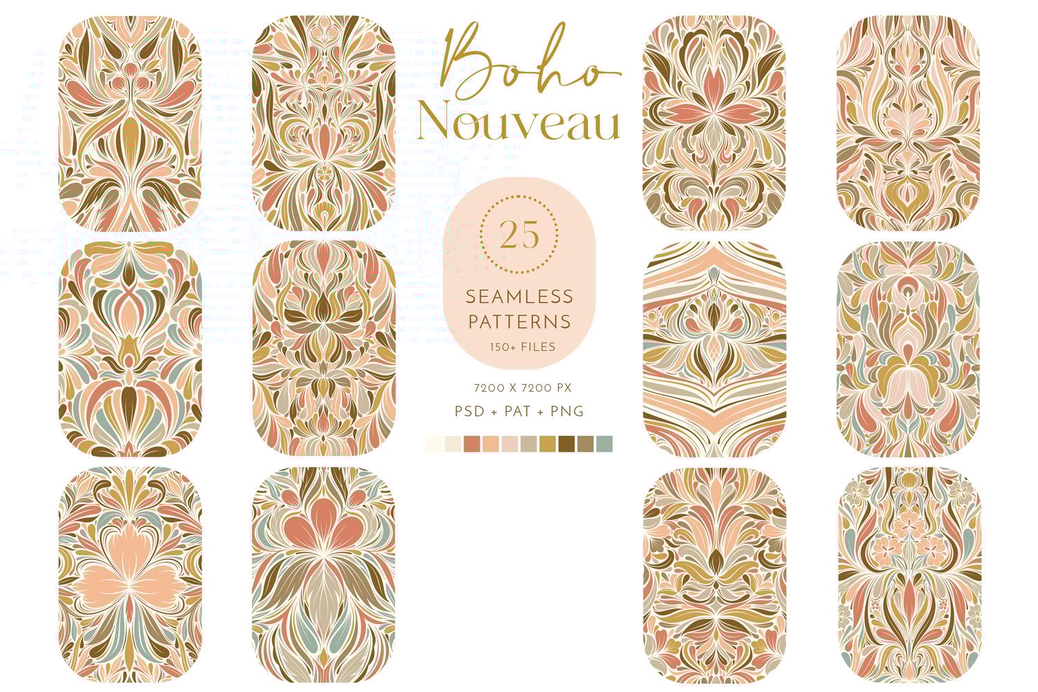 hand drawn digital surface pattern collection featuring butterflies and dragonflies in pink, coral, beige, brown, and aqua