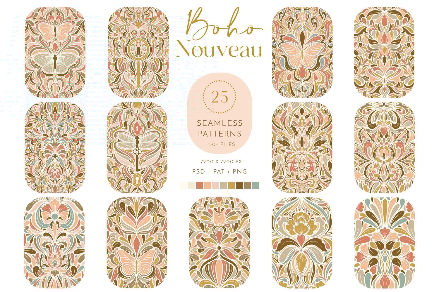 hand drawn digital surface pattern collection featuring butterflies and dragonflies in pink, coral, beige, brown, and aqua