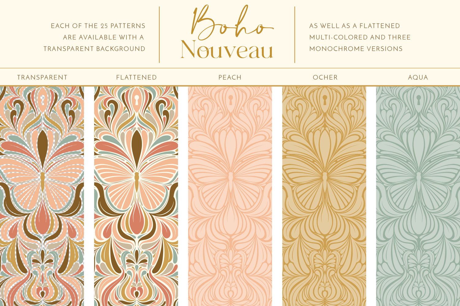 hand drawn digital surface pattern collection featuring butterflies and dragonflies in pink, coral, beige, brown, and aqua