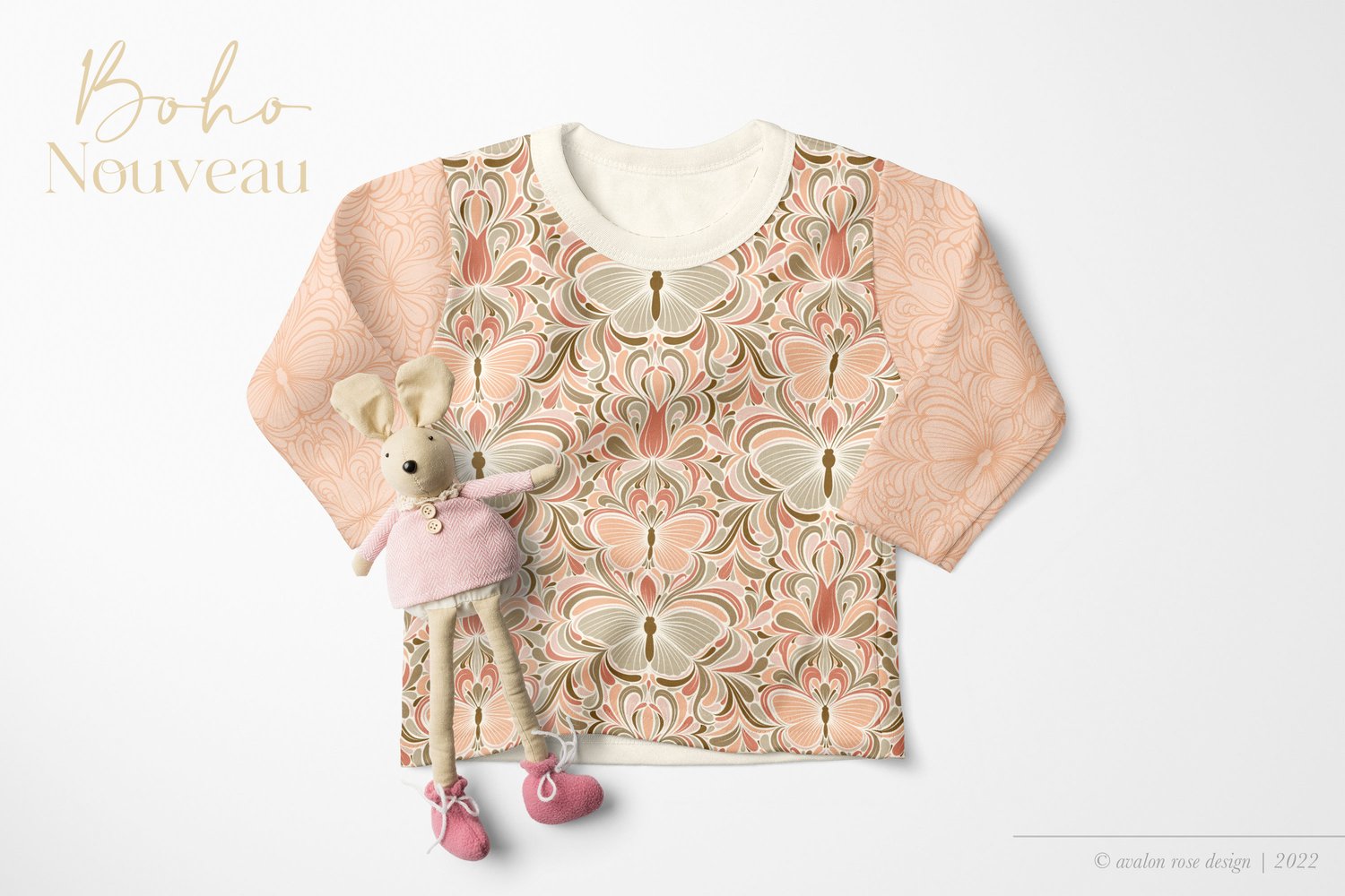 hand drawn digital surface pattern collection featuring butterflies and dragonflies in pink, coral, beige, brown, and aqua