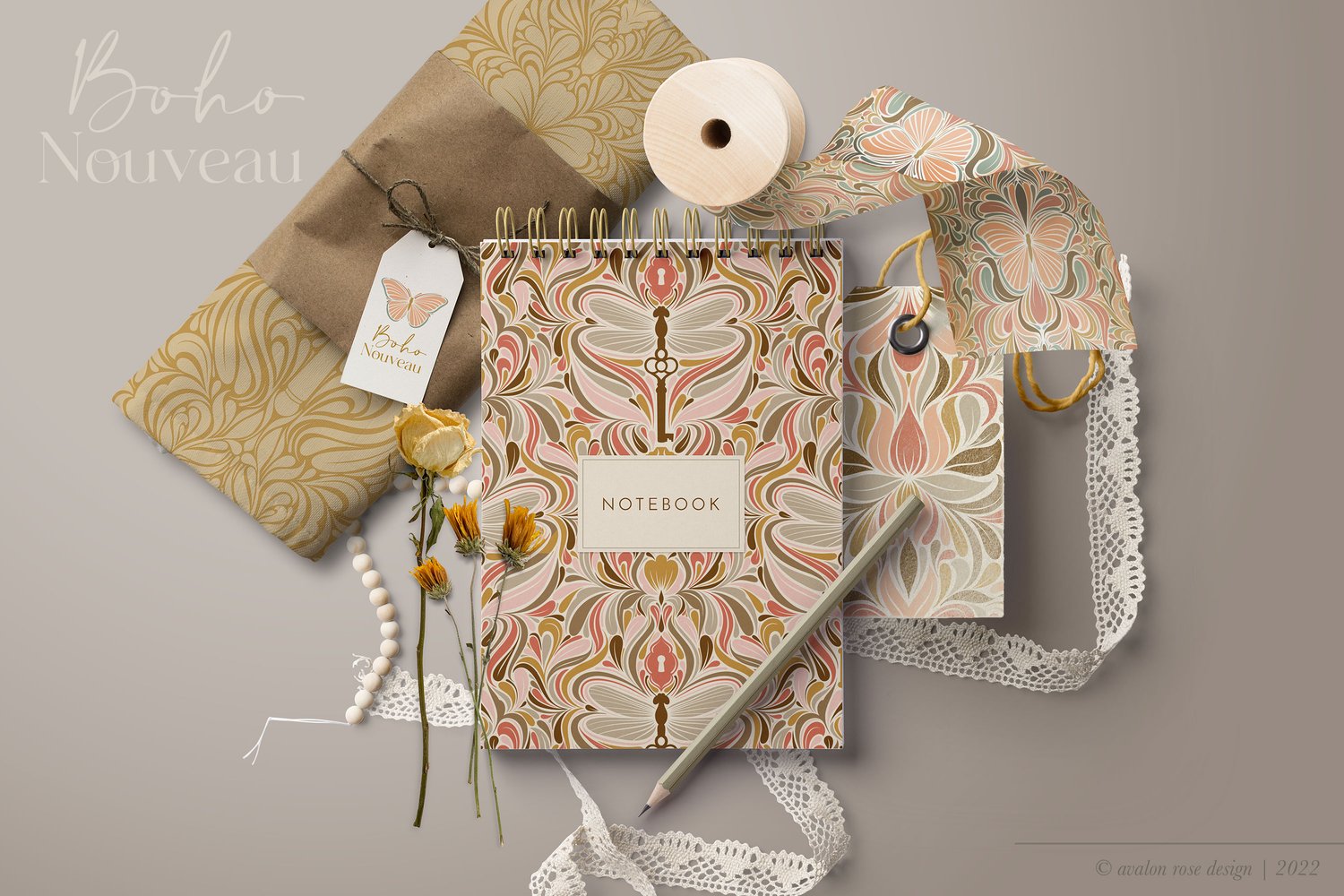 hand drawn digital surface pattern collection featuring butterflies and dragonflies in pink, coral, beige, brown, and aqua