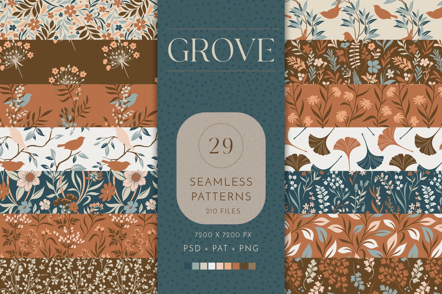 botanical floral seamless surface pattern collection in teal, rust, brown, beige, pink, peach and cream
