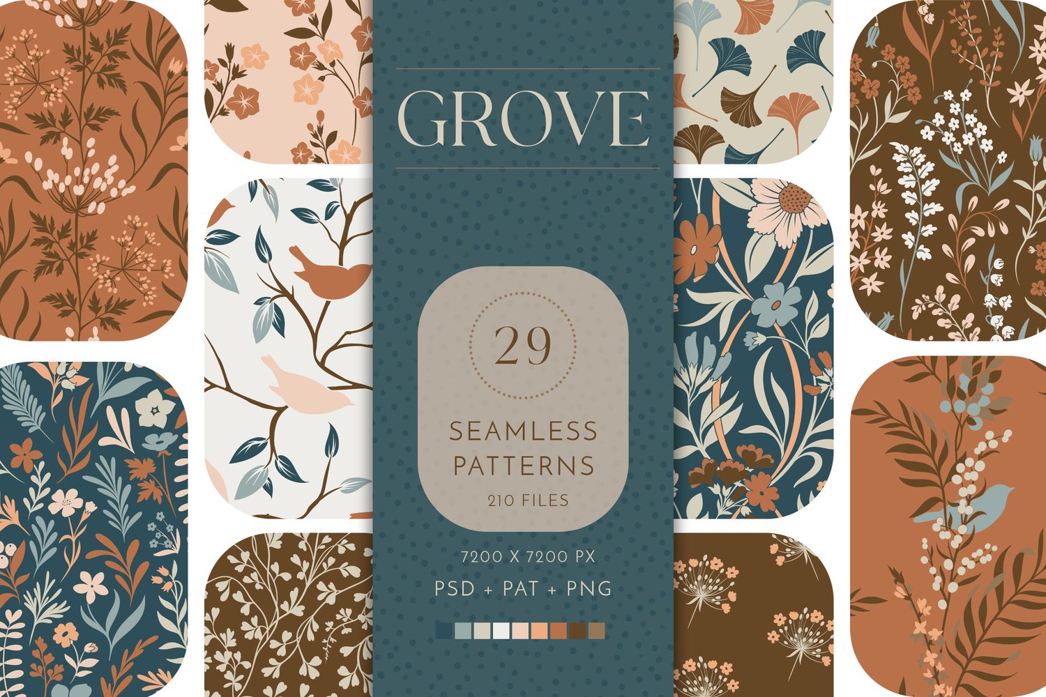 botanical floral seamless surface pattern collection in teal, rust, brown, beige, pink, peach and cream