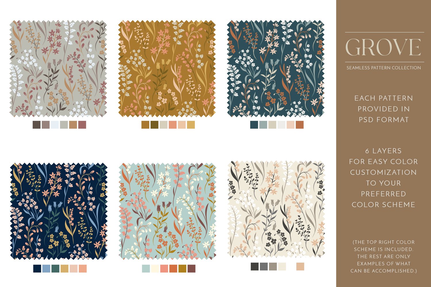 botanical floral seamless surface pattern collection in teal, rust, brown, beige, pink, peach and cream
