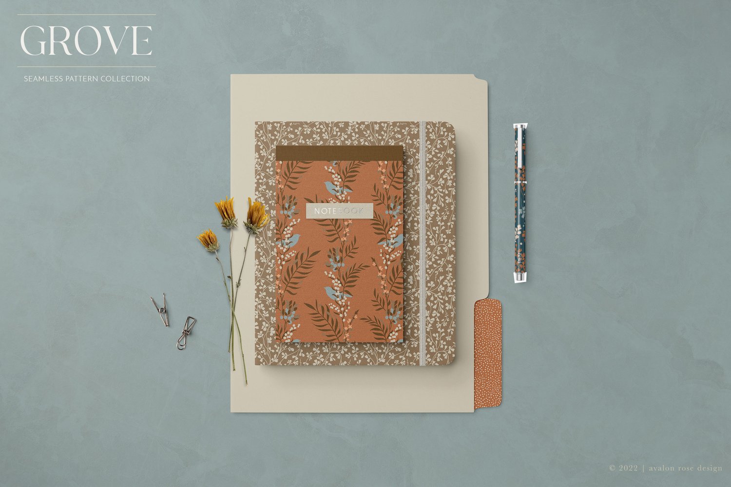 botanical floral seamless surface pattern collection in teal, rust, brown, beige, pink, peach and cream
