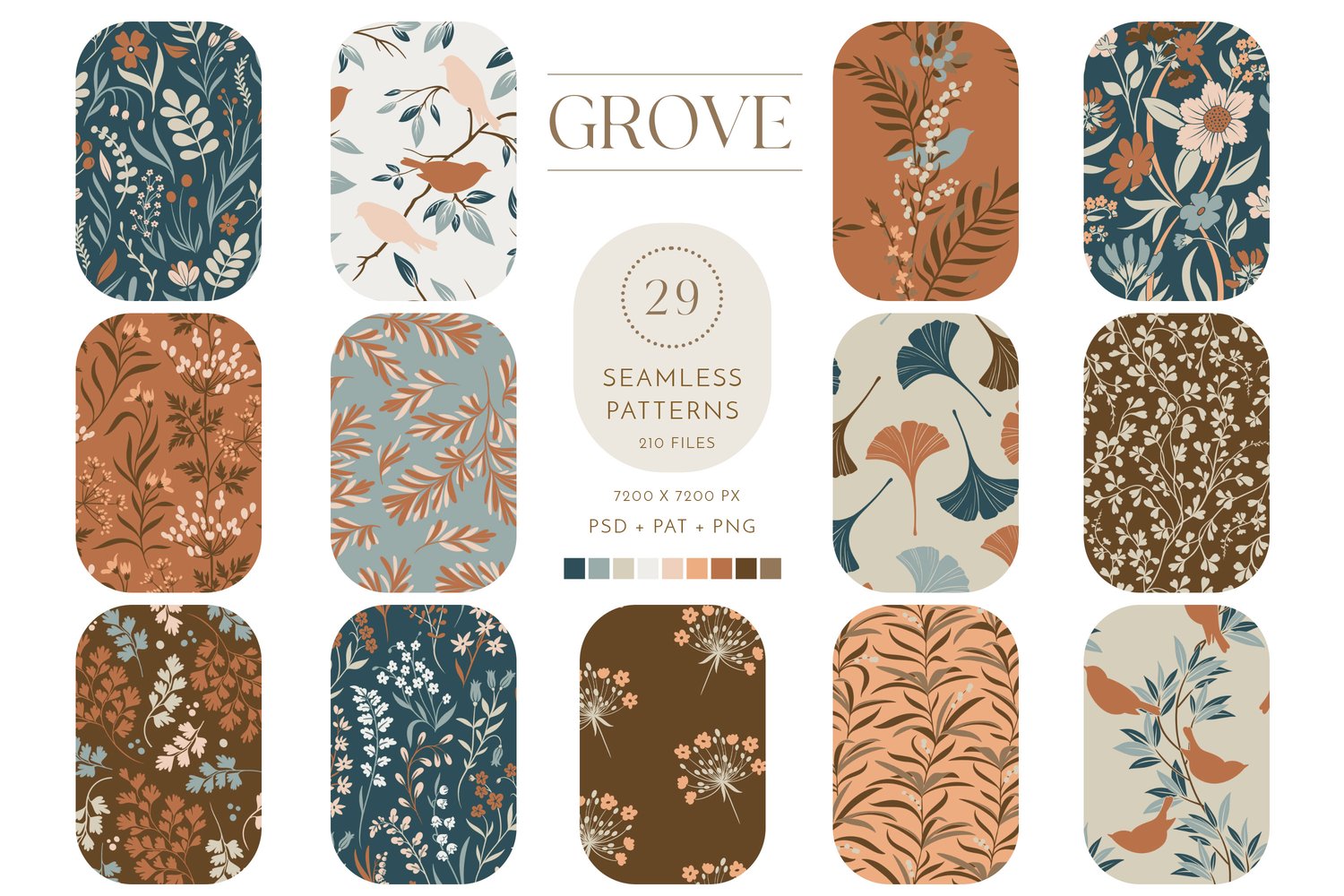 botanical floral seamless surface pattern collection in teal, rust, brown, beige, pink, peach and cream