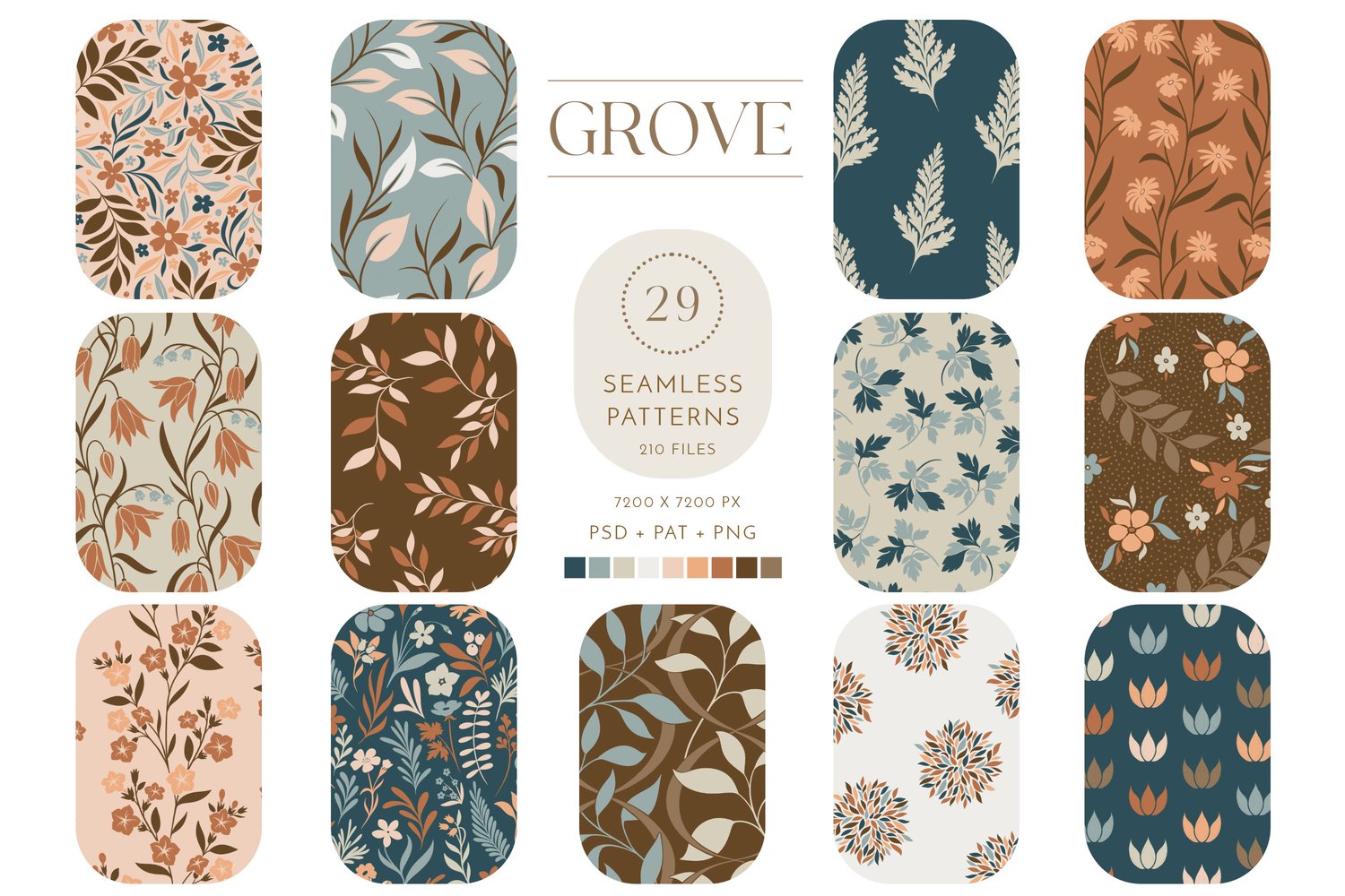 botanical floral seamless surface pattern collection in teal, rust, brown, beige, pink, peach and cream