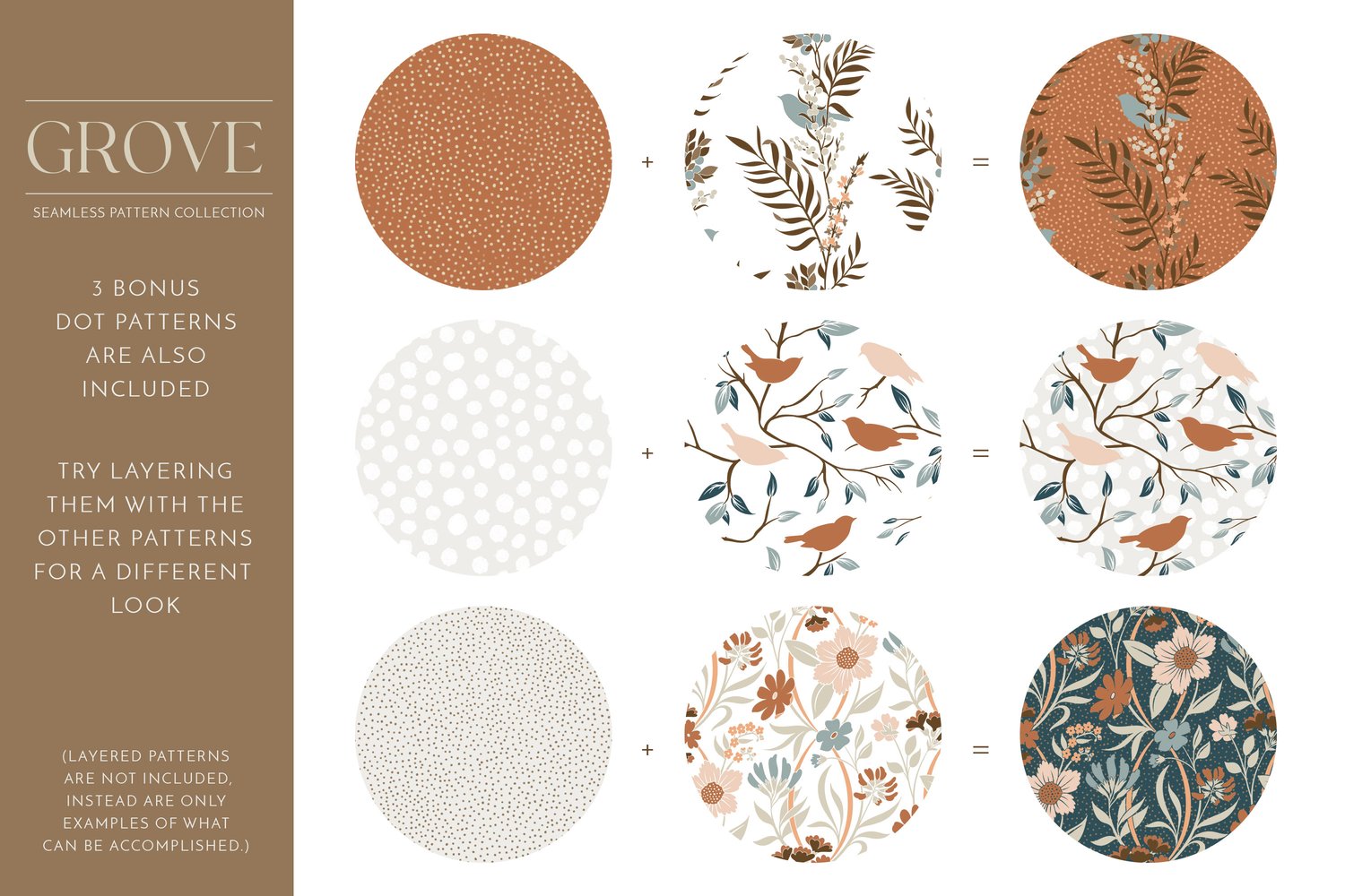 botanical floral seamless surface pattern collection in teal, rust, brown, beige, pink, peach and cream