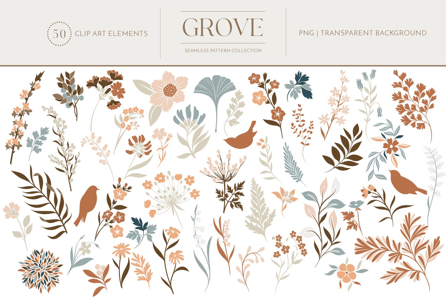 botanical floral seamless surface pattern collection in teal, rust, brown, beige, pink, peach and cream