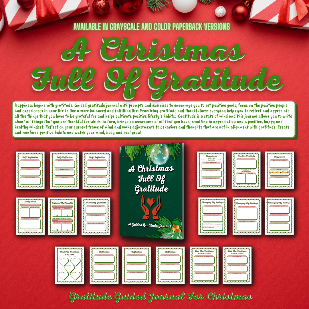 A Christmas Full Of Gratitude is a guided gratitude journal with prompts and exercises to encourage you to set positive goals, focus on the positive people and experiences in your life to live a more balanced and fulfilling life.  This is a printable jour