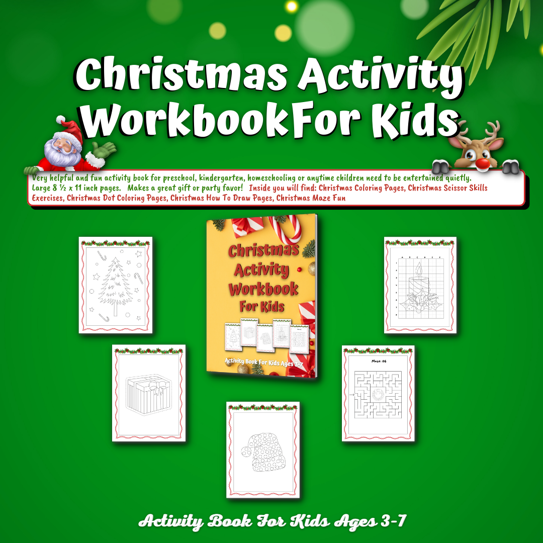 Christmas Activity Workbook For Kids is a super fun Christmas activity book for preschool, kindergarten, homeschooling, road/plane trip, or anytime children need to be entertained quietly. 8 1/2"x11".
