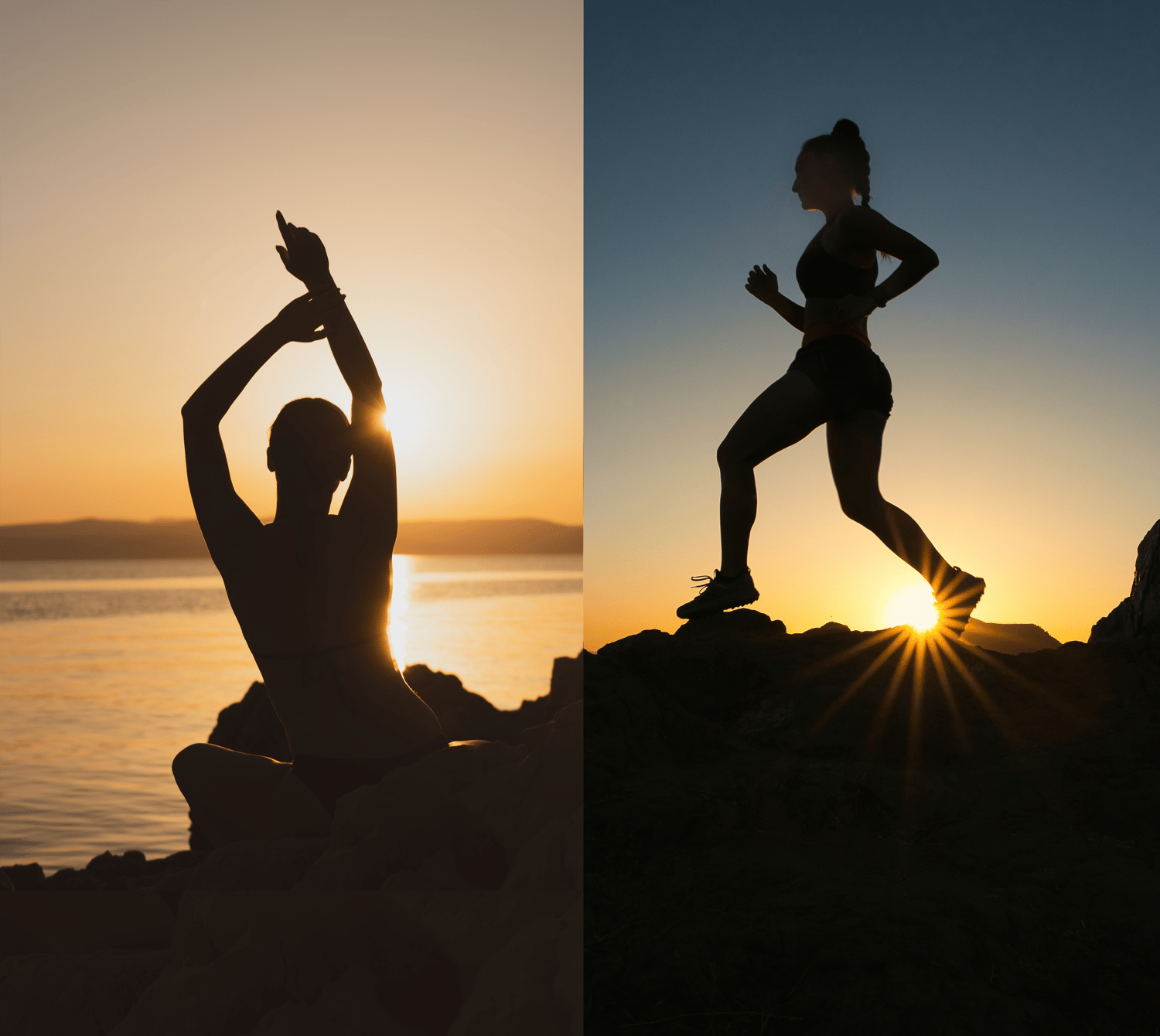 sunset a woman doing yoga and a woman running in silhouette