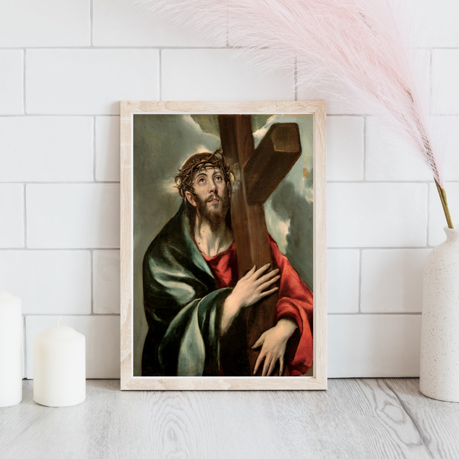 Product by Minimal Sense Prints Co. - Jesus carrying or holding a Cross Vintage Oil Painting Art for Christians. Perfect for gifting on Christmas, Easter, Good Friday, Resurrection Day, Thanksgiving or any other christian holidays. Digital download which