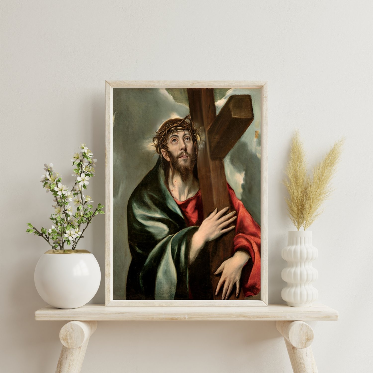 Product by Minimal Sense Prints Co. - Jesus carrying or holding a Cross Vintage Oil Painting Art for Christians. Perfect for gifting on Christmas, Easter, Good Friday, Resurrection Day, Thanksgiving or any other christian holidays. Digital download which