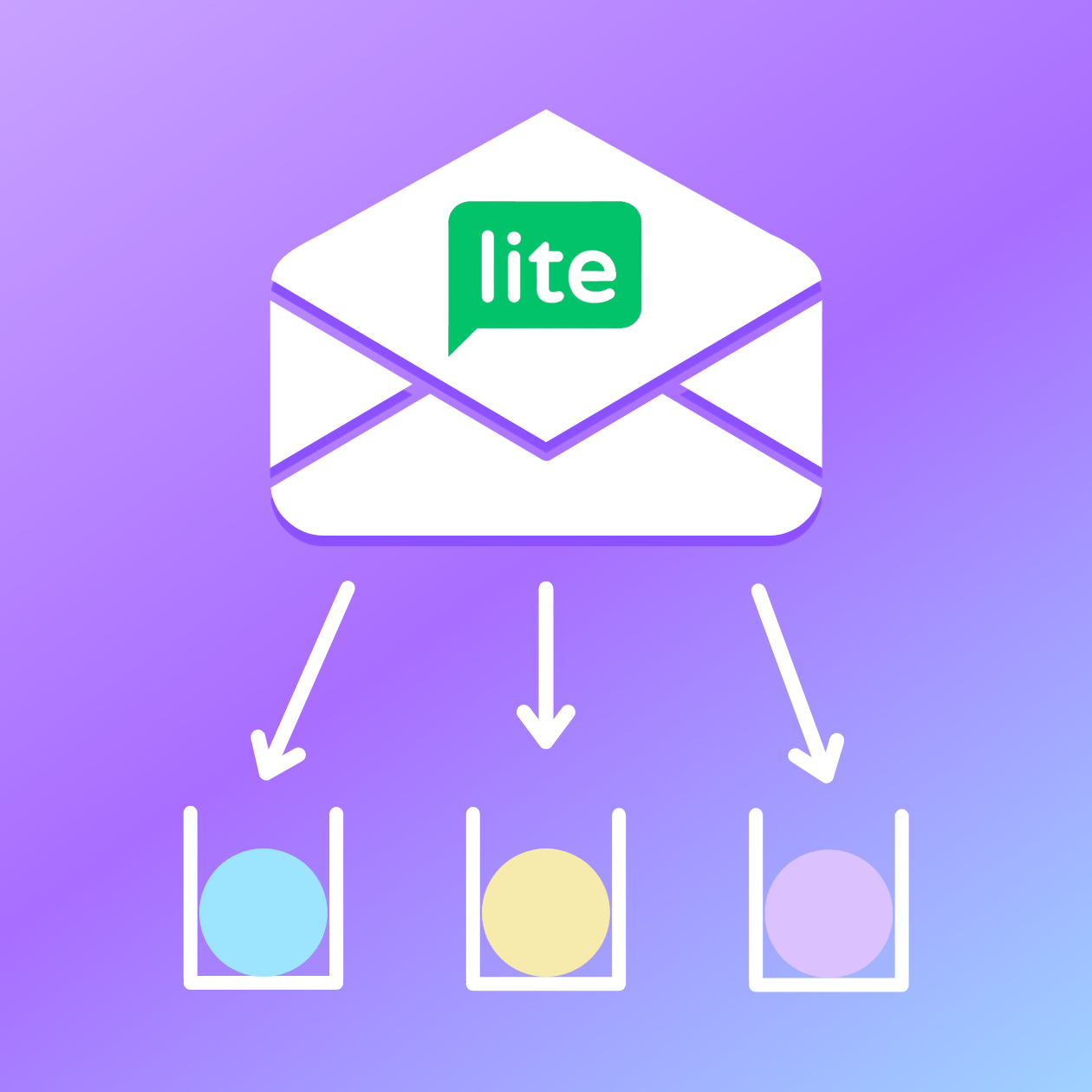 Mailerlite Logo on an envelope arrows are pointing to 3 containers. Each container has a ball inside. One ball is light blue, second ball is light purple, third ball is light yellow. The background is a purple and blue gradient.