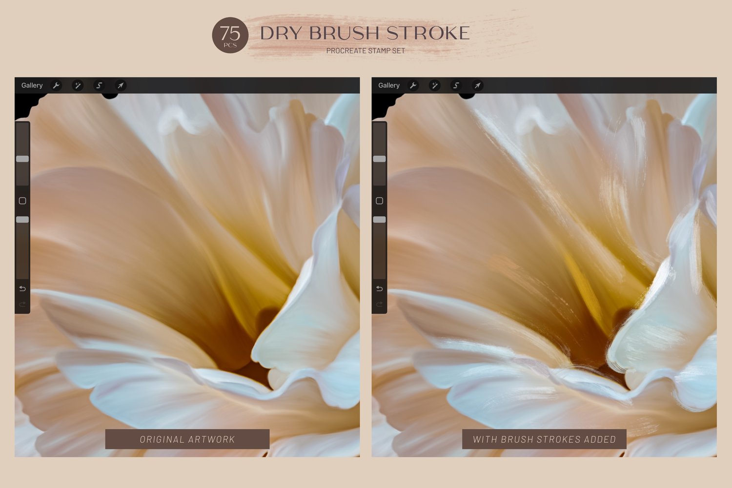 Procreate stamp brushes can be used to paint realistic brush strokes over the top of photos and artwork